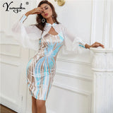 White Sequin mini slip summer dress women elegant Chiffon Long sleeve bodycon party dress sets celebrity evening