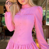 Women Button Stand Collar Ruffle Dress Long Sleeve Dress Elegant Fashion Chic