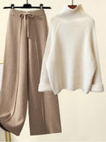 Two Piece Sets Women Winter Korean Casual Turtleneck Knitted Sweater And Wide Leg Knitting Pants Suits Women Homewear