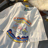 Cute Japan Cartoon Letter Print T Shirts Kawaii Girl Short Sleeve Tops 2022 Summer Basic 100%Cotton Couples Teens