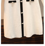 Women Beading Button Knitted Dress Plus Size Chic Autumn Black White Hit Color Pearl Bowknot Lapel Collar Sweater