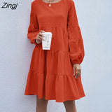 cotton linen O neck mini dress for womens Lantern sleeve Stitching loose big swing dress A-Line Full vestido women