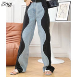 Fashion Women's Jeasn New High Waist Black Blue Wave Spliced Straight Tube Wide Leg Denim Pants Tide Autumn 2023