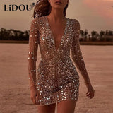 Autumn Nightclub Fashion Sexy Deep V-neck Sequins Mini Dress Ladies Long Sleeve Elegant Evening Pencil Party Robe