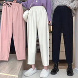 Pants Women Winter Aesthetic Thicken Corduroy High Waist Elastic Solid Loose Wide-leg Simple Trendy Chic New