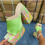 new square head thick bottom big thick heel one-line slippers women's large size high heel sandals