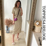 2021 summer midi dress short sleeve knot t-shirt dress solid color korean womens