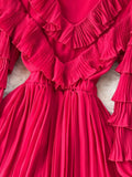 Winter Women Ruffle Pleated Long Dress Vintage Round Nec Puff Sleeve High Waist Draped Maxi Vestidos Green/Red/Purple