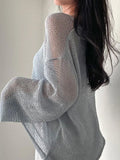 Oversized Long Sleeve Crochet Knit Top-Outfit