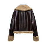 Faux Fur Collar Pu Leather Jacket-Outfit