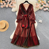 Women's Fashion France Vintage Pleated Long Dress Summer Autumn Sexy V-Neck Lace Up Party Runway Vestidos Female Elegant