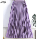 Super Quality 2023 Summer Korean Fashion Purple Midi Long Wave Pleated Skirt Women High Waist A Line Skirt