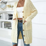 Women Sweaters Fall/Winter Twist Knitted Long Cardigan V-Neck Pocket Full Sleeve Solid Single-breasted Sweater
