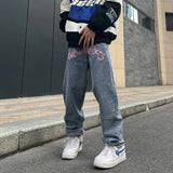 New Gothic Letters Star Print Jeans Women's Y2K Street Retro Hip Hop Loose Jeans Couple Casual Wild Wide Leg Straight