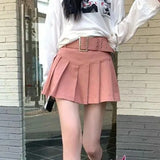 Y2K Pleated Mini Skirts Women Streetwear Belt High Waist A Line Skirt Preppy Student Korean Vintage Slim Casual Skirts