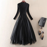 Winter Long Dresses Office Ladies Elegant Mesh Patchwork Long Sleeve Knitted Sweater Dresses Korean Fashion Slim