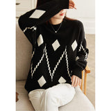 Winter O Neck Diamond Patchwork Loose Casual Sweater Ladies All-match Pullover Top Women Elegant Fashion Simple