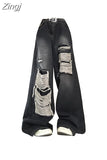 Women's Gothic Black Jeans High Waist Vintage Korean Fashion Y2k Streetwear Ripped Pants Harajuku Casual Wide Leg Denim