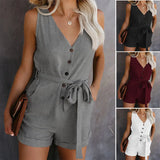 Color Jumpsuit Women's Summer Cotton Blend Casual V-neck Bow