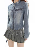 Short Coat for Women Autumn New Burrs Slim Slim-Fit Zipper Long Sleeve Blue Jean Jacket