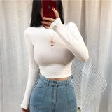 2021 O Neck White Crop Top Women Summer Casual T Shirt Basic Sexy Streetwear Slim Sexy Black Long Sleeve