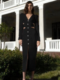 Winter Long Sleeve Maxi Bandage Dress Sexy White V-Neck Hollow Out Diamond Button Dress Evening Club Celebrity Party