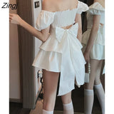 White Sexy Backless Mini Dress Women Korean Fashion Casual Elegant Party Dress Female Ruffle Kawaii Lolita Party Y2k