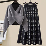 Warm Knitwears 3 Pieces Set For Womens Outfit Korean High Quality Pullover Knitted Sweater+print Pleated Skirts Sets