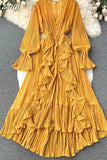 Chiffon Pleated Long Dress Women Vintage V-Neck Flare Sleeve Draped Ruffle Vestido Female Maxi Robe Spring