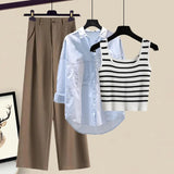 Women Pants Sets Summer Casual Striped Knitted Vest+long Sleeve Sunscreen+wide Leg Long Pant 3 Pieces Set Women Outfits