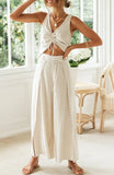 Queens Women Solid Two Piece Outfits Sleeveless Tops Bohemian High Waist Drawstring Long Wide Leg Pants Boho