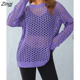 Women Round Neck Long Sleeve Solid Color Casual Sweater Hollow-out Loose Knitwear Jumper Tops