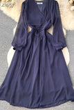 Vintage Women Dress Elegant Orange/Red/Yellow V-Neck Lantern Sleeve High Waist Slim A-Line Vestidos Female New