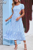 Boho Beach Long Dress Women Summer Short Sleeve Floral Print Sundress Vacation