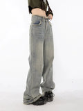 Waist Straight Tube Washed Jeans Women's Vintage Raw Edge Baggy Denim Pants Streetwear American Style Wide Leg