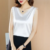 Silk Women Blouses Shirts Casual Women V-neck Embroidery Satin Blouse Tops Woman Elastic Lace Shirt Top Blusas