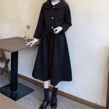 Kawaii Autumn Woolen Set Solid Black Single Breasted Coat + High Waist Long Pleated Skirt Women Winter Wild Preppy