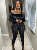 Velvet Patchwork Mesh Jumpsuits Women Long Sleeve Off Shoulder Sexy Slim One Piece Outfits Lady Attirewear
