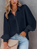 Autumn White Shirt Women Button Up Lantern Sleeve Shirt Ladies Blouse Ruched Loose Shirt For