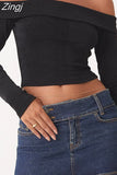 Off Shoulder Long Sleeve Tees Crop Tops Women Fall Spring Slash Neck Slim Fit Short T-Shirts Street Casual Base