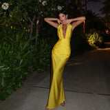 Zingj Summer Women's Sexy V Neck Hanging Back Dress Temperament Slit Dress