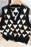 Style Heart Print Knitted Vest V Neck Sleeveless Sueter Women American Sweater Mujer Pullovers Vintage
