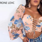 Women Lace-up Floral Drawstring Long Sleeves Blouse Shirt Spring Tops and