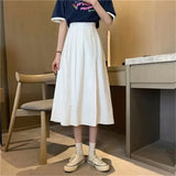 Solid Pleated Skirt High Waist Buttons Yellow Blue White Long Skirts Women Korean Casual Wild A-Line Skirts