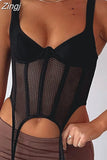 Fishnet Mesh See Through Patchwork Corsets Tank Tops Chic Women Sleeveless Low Cut V Neck Busiters Hollow Out