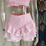 Plaid Ruffle Crop Top And Shorts Set- Outfit