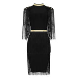 New Summer Women Tassel Bandage Dress Black Red Sexy O Neck Short Sleeve Celebrity Evening Club Mini Party Dresses