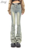 Fly High Waist Jeans American Vintage Slim Fit Washed Distressed Y2k Flare Denim Pants Women Pantalones