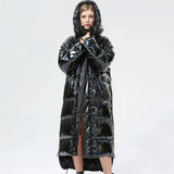 degrees Waterproof Thick Winter Super Long Down Coat Women Puffer Jacket Shiny Laser 90% White Duck Down Jacket Hooded