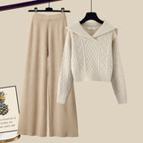Winter Thick Knit Two Piece Sets Women Outfits Ladies Elegant Twist Knitted Sweater And Wide Leg Pant Sets Women